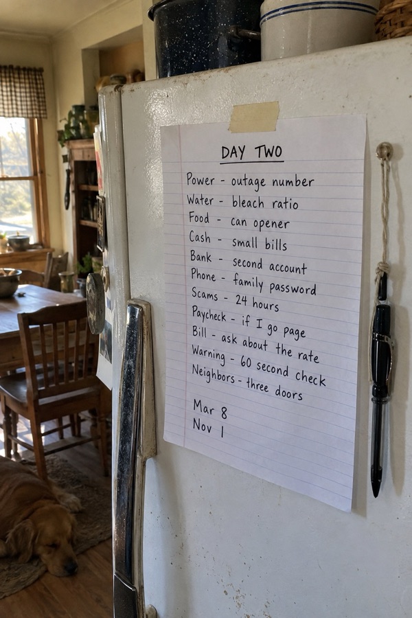 The finished Day-Two List on a refrigerator door